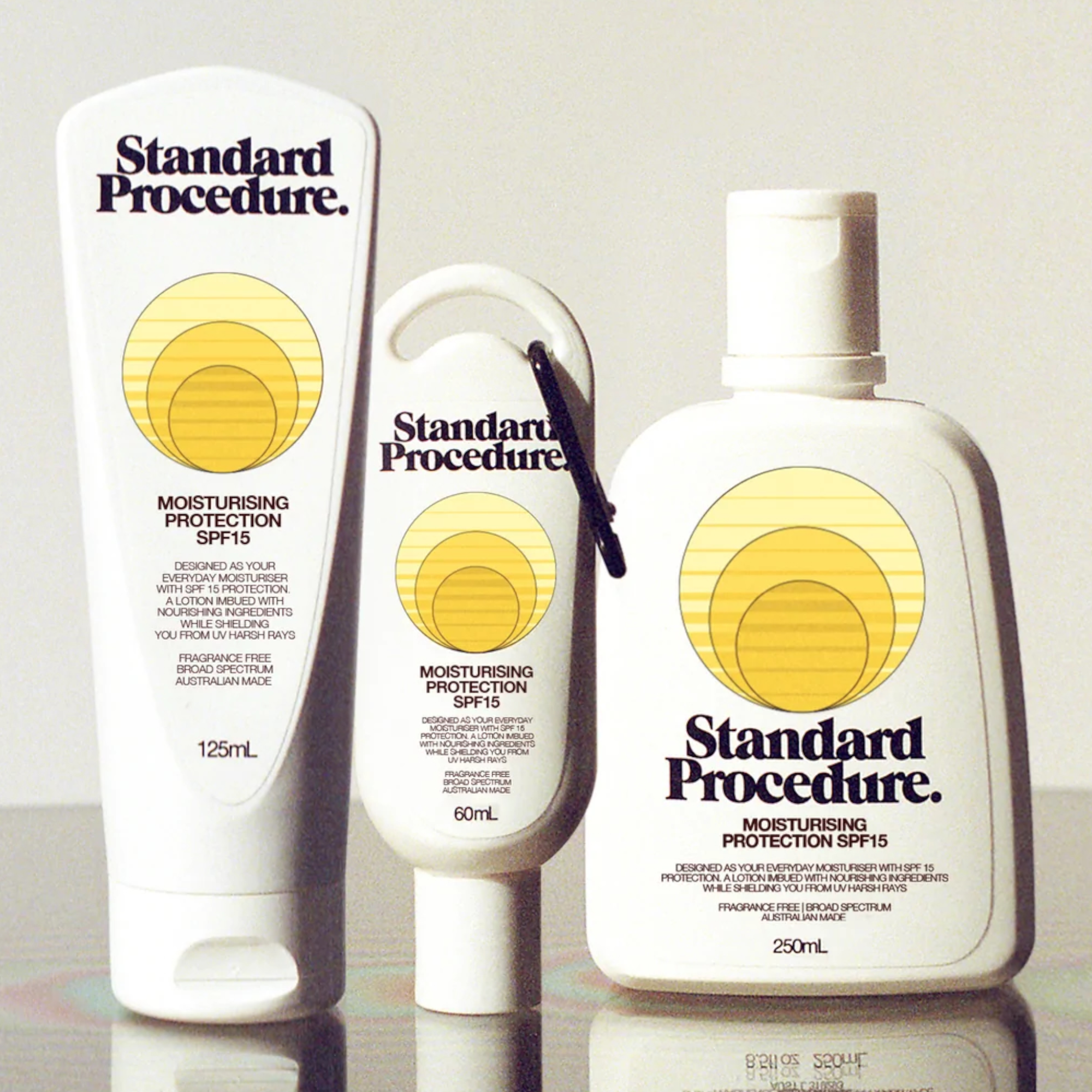 MOISTURISING PROTECTION SPF15 60ML Moisturising protection SPF15 60ML by Standard Procedure.Born under the harsh Australian summer sun, Standard Procedure, is a range of Sun and Skin Care made to withstand the toughest elements. Inspired by the sun-kissed days of bygone eras; the surf explorations of Australia’s magical coastlines, the long haired beach boys and bronzed bikini-clad women, Standard Procedure have come to bring Australian surf nostalgia back to life in a brand new way.Locally owned, grown, fa