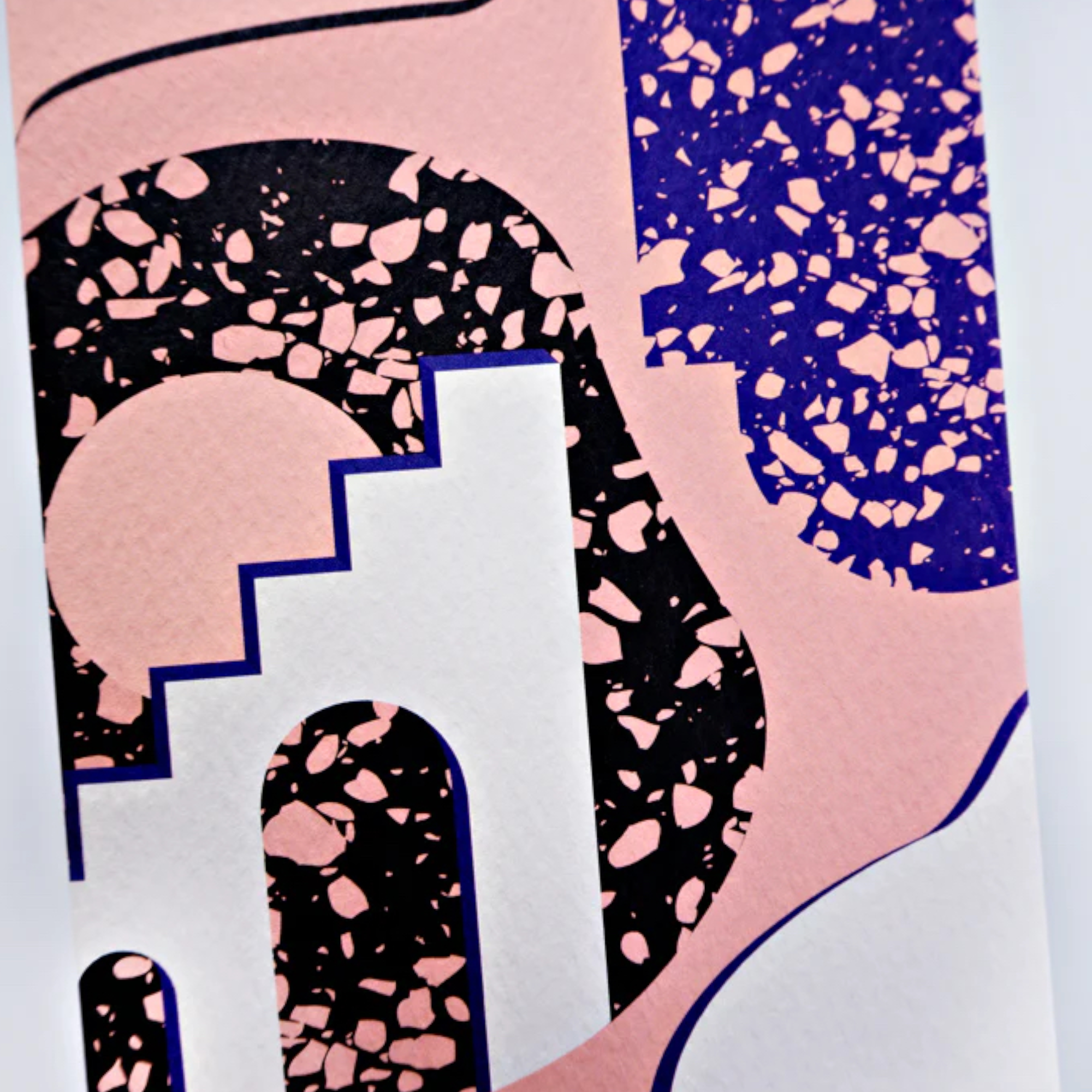 MIRRORS ART CARD Mirrors art card by The Completist. This abstract architectural terrazzo print card is perfect for sending a handwritten note, or to keep and frame as a mini print. It's blank on the inside so you can customise however you like - write the perfect message. A6 size card (10.5cm W x 14.8cm H), Printed in the UK on 300gsm Fresco Gesso FSC certified paper. Comes with a kraft envelope and is packed in a biodegradable film bag