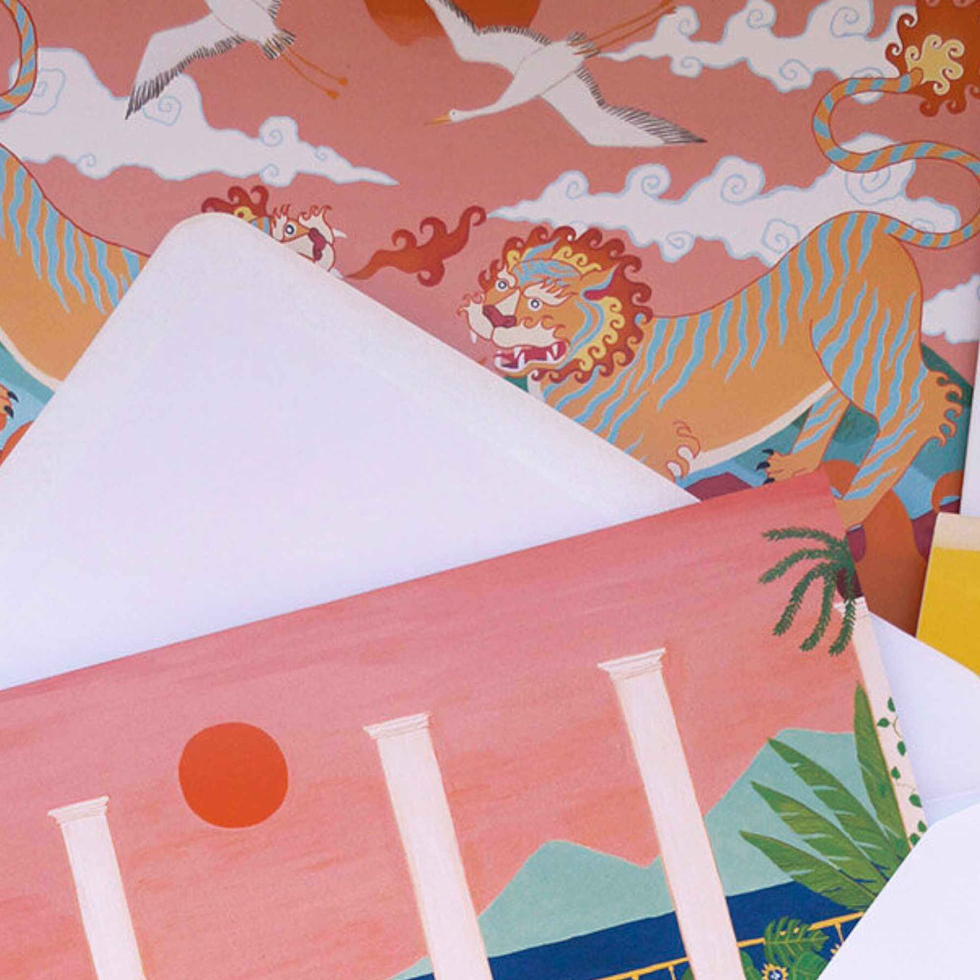 UNDER THE PINK SKY CARD Tropical paradise by Tamara K. Lloyd-Cox.Tamara K. Lloyd-Cox is an Mallorca based artist who develops her career in different fields: painting, illustration and fashion. Tam’s work explores themes of symbolism, vibrant colours and is recognisable for her characteristic use of geometric patterns. Size A5, 21 cm x 15 cm, folded Comes with a white envelope Interior is completely blank 300 gsm matte paper